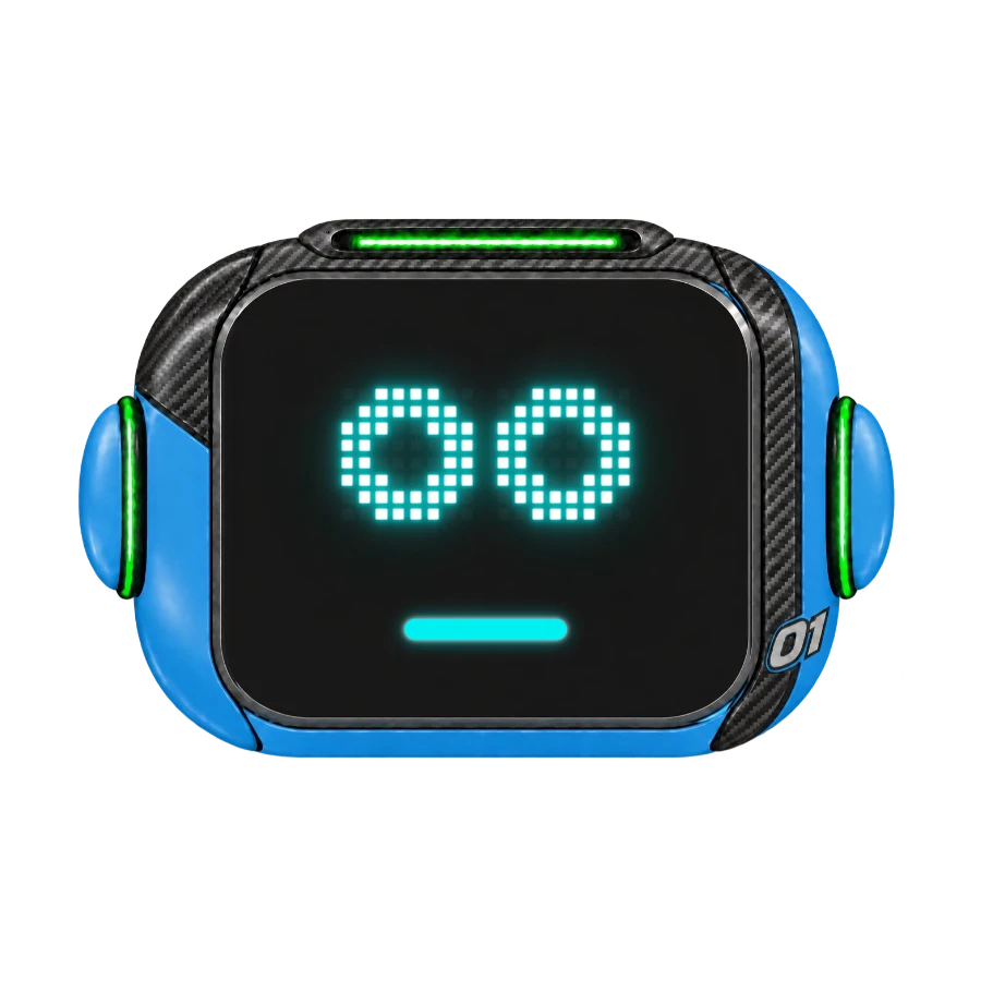 Odie, the AskOdie assistant — a rounded carbon-and-blue robot with a lit screen face